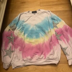 Carmar White tie dye sweatshirt crewneck sparkle star sleeves pink yellow blue